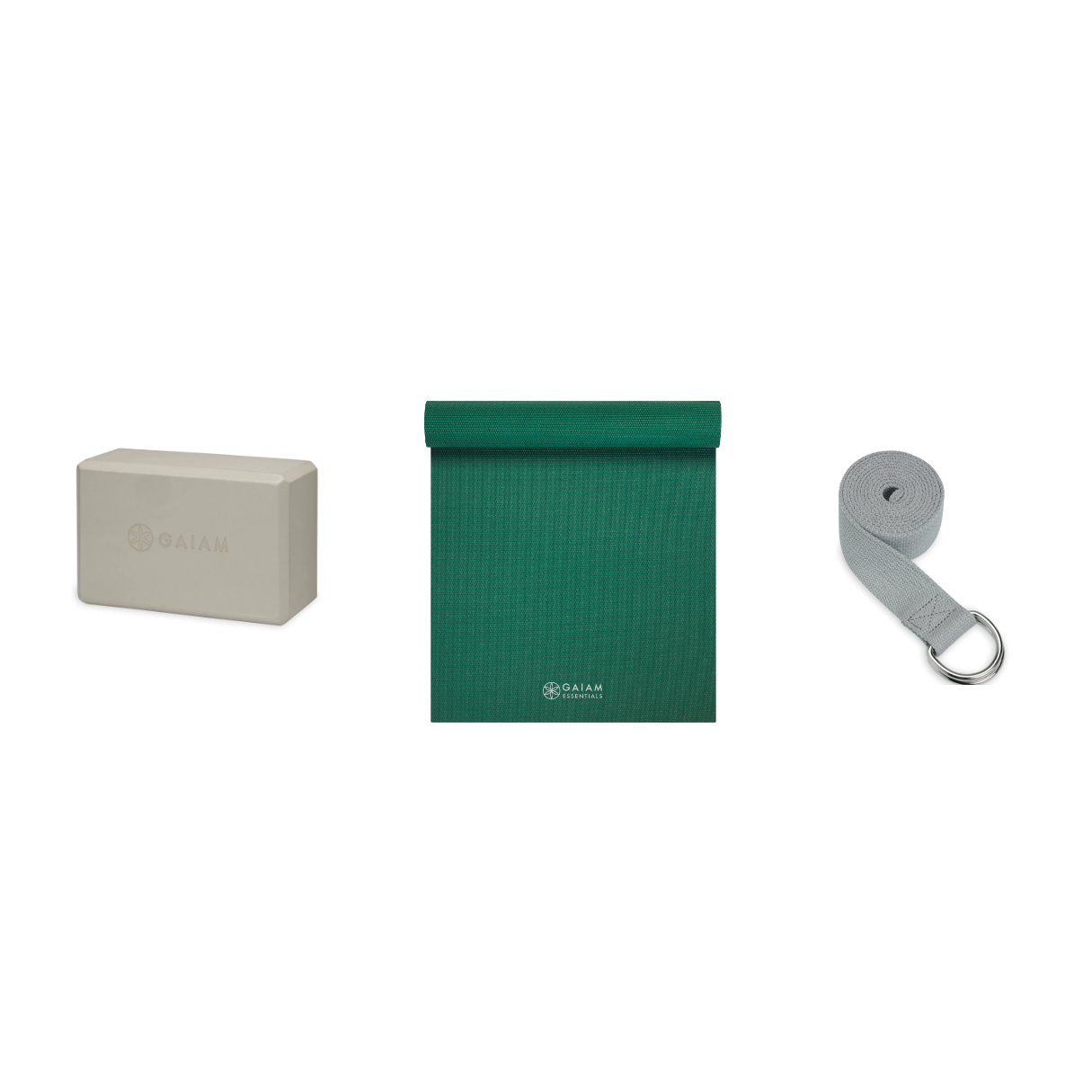 Yoga Bundle - Block (Sandstone), Mat (Green), Strap (Grey)